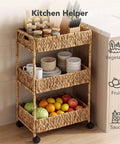 Three Tier Water Hyacinth Rolling Cart With Wheels Handwoven Utility Storage Rack with kitchen items and fruits