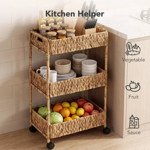 Three Tier Water Hyacinth Rolling Cart With Wheels Handwoven Utility Storage Rack with kitchen items and fruits