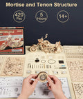 1 To 8 Scale Wood Motorcycle Puzzle Kit For Adults, 3D Buildable Model Cruiser, Realistic Detailed Wooden Bike, Interactive Craft Project That Runs When Assembled, Steampunk Style For True Cruising Fun, 420-piece parts layout