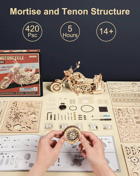 1 To 8 Scale Wood Motorcycle Puzzle Kit For Adults, 3D Buildable Model Cruiser, Realistic Detailed Wooden Bike, Interactive Craft Project That Runs When Assembled, Steampunk Style For True Cruising Fun, 420-piece parts layout