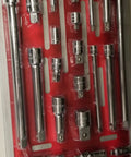 Heavy Duty Drive Tool Accessory Set With Three Drive Sizes One Quarter Inch, Three Eighths Inch And One Half Inch, 11 Extension Bars, 6 Adapters, 3 Universal Joints, Chrome Alloy Steel Finish, 20 Piece Pro Grade Kit in packaging