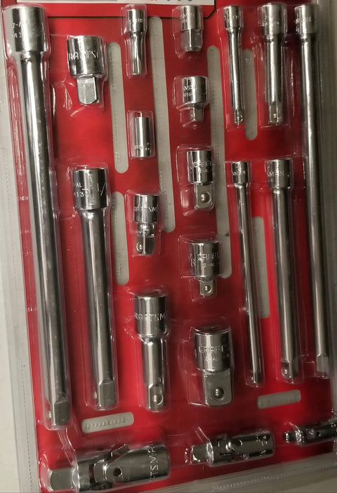 Heavy Duty Drive Tool Accessory Set With Three Drive Sizes One Quarter Inch, Three Eighths Inch And One Half Inch, 11 Extension Bars, 6 Adapters, 3 Universal Joints, Chrome Alloy Steel Finish, 20 Piece Pro Grade Kit in packaging