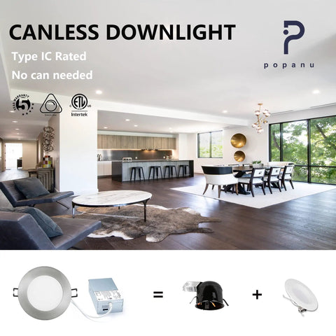 Premium LED Canless Recessed Light 4 Inch 5 CCT Dimmable Fixture With Junction Box Easy Install Brushed Nickel Ceiling Lighting 2700K 3000K 3500K 4000K 5000K 9W 6 Pack