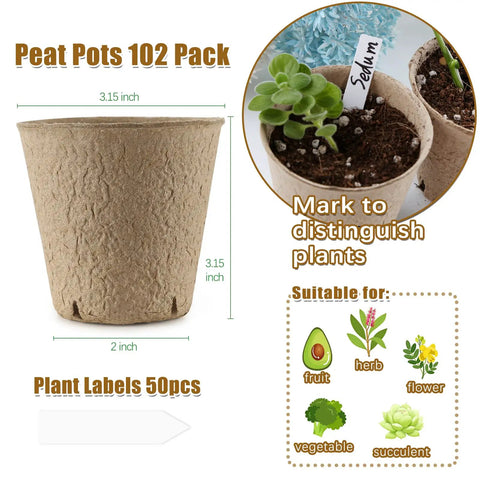 Biodegradable Seed Starter Pots Set 102 Pack 3.15 Inch With Drainage Holes For Seedlings Garden Plant Starters For Veggies And Flowers Includes Bonus 50 Plant Labels Easy Start No Fuss