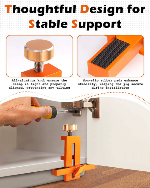 Door Mounting Jig For Cabinets That Lets You Hold Drill And Secure With One Tool No Extra Hands Needed, shown in use with cabinet.