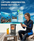 Woman on beach using 5th Generation Diving Phone Case For iPhone 17 16 15 14 Pro Max And Galaxy S25 S24 S23 Ultra Waterproof Underwater Housing With 6.9 Inch Universal Fit Top Pick For Scuba Snorkeling Gray to share underwater photos on smartphone.