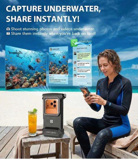 Woman on beach using 5th Generation Diving Phone Case For iPhone 17 16 15 14 Pro Max And Galaxy S25 S24 S23 Ultra Waterproof Underwater Housing With 6.9 Inch Universal Fit Top Pick For Scuba Snorkeling Gray to share underwater photos on smartphone.