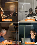 Airlonv LED desk lamp, black finish with gooseneck and clamp; four views for reading, studying, drawing, working.
