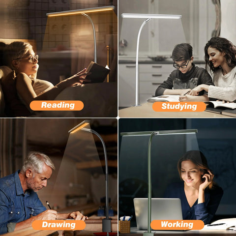 Airlonv LED desk lamp, black finish with gooseneck and clamp; four views for reading, studying, drawing, working.