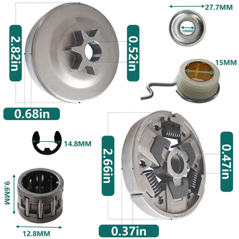 325 Pitch 7 Tooth Sprocket Clutch Drum Assembly With Needle Bearing Washer E Clip And Worm Gear Kit For MS261 MS270 MS271 MS271C MS280 Chainsaws Replacement Parts showing dimensions