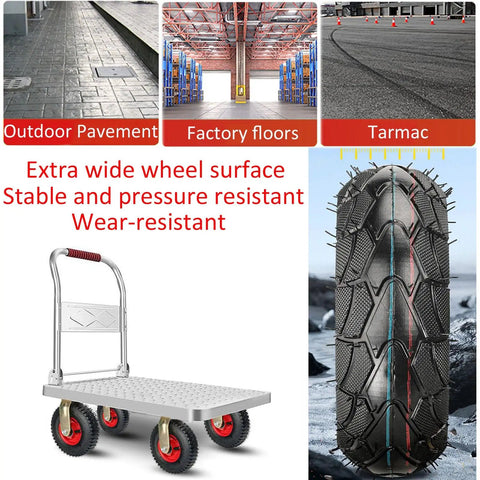 Kickass Industrial Pneumatic Casters With Locking Brake Set Of 4 smooth rolling rubber wheels for hand trucks on a sturdy dolly.