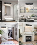 Collage showing Three Light Matte Black Vanity Light With Clear Glass Shades For Bathroom Mirror Over Vanity 22 Inch Modern Wall Sconces.