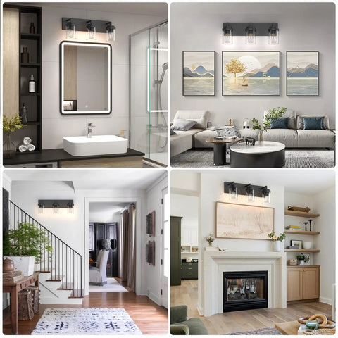 Collage showing Three Light Matte Black Vanity Light With Clear Glass Shades For Bathroom Mirror Over Vanity 22 Inch Modern Wall Sconces.
