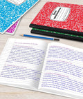 Open wide ruled composition notebook with handwritten notes, assorted marble covers, durable sewn binding, 100 Pack Wide Ruled Composition Notebooks With Hard Covers, 200 Pages Each, Assorted Marble Colors, Durable Sewn Binding, Bulk School Supplies For Class, Homework, And Office Use.