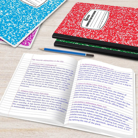 Open wide ruled composition notebook with handwritten notes, assorted marble covers, durable sewn binding, 100 Pack Wide Ruled Composition Notebooks With Hard Covers, 200 Pages Each, Assorted Marble Colors, Durable Sewn Binding, Bulk School Supplies For Class, Homework, And Office Use.
