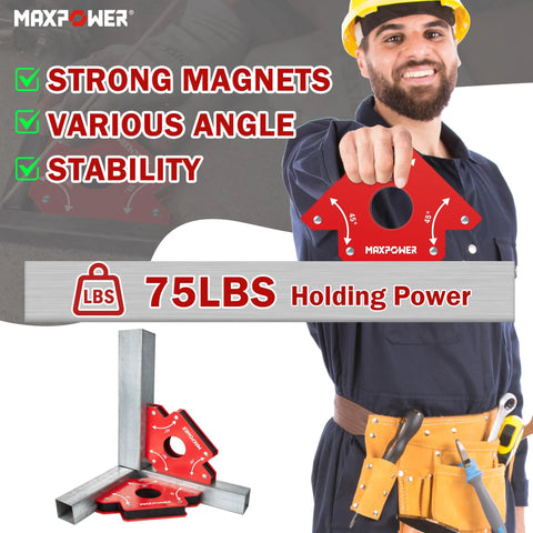 MAXPOWER 2-piece red welding magnet set, 75 lb holding power, 45°/90° angle magnets