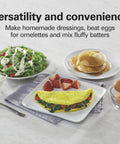 Plates of salad, pancakes, and an omelette with strawberries on a table, with a focus on versatility and convenience in meal prep.