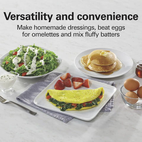 Plates of salad, pancakes, and an omelette with strawberries on a table, with a focus on versatility and convenience in meal prep.