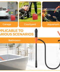 Portable siphon pump, 3GPM, orange-red with oil pipeline hose, shown beside a bathtub.