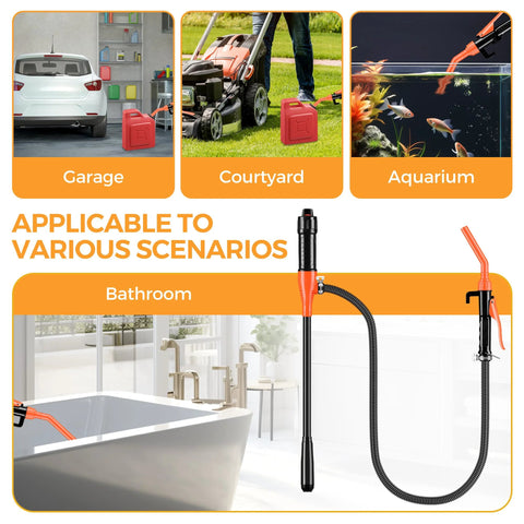 Portable siphon pump, 3GPM, orange-red with oil pipeline hose, shown beside a bathtub.