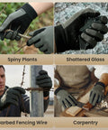 Level 2 Needlestick And Level 5 Puncture Resistant Work Gloves demonstrating use with thorny plants, broken glass, wire, and wood