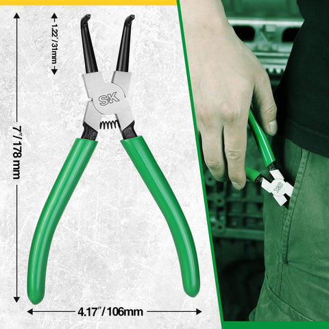 7 Inch Snap Ring Pliers With 90 Degree Bent Jaw For Internal Circlips, Pro Grade CR-V Steel, shown with scale and in use.