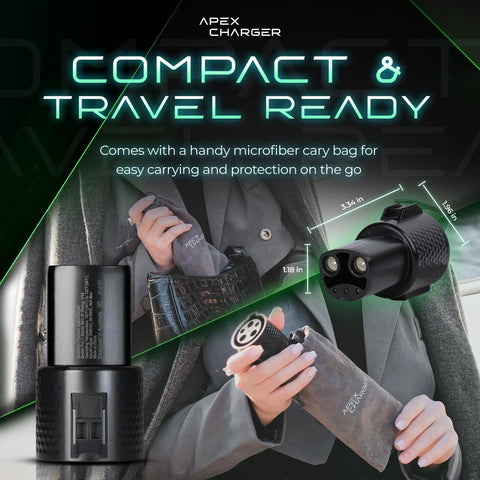 Gotta Love J1772 To Tesla Adapter Rock Solid Level 2 Portable Power Connector For Home Charging Wall Unit Easy Setup Fits Model 3 X Y S Sweet Daily Rig held in hand with microfiber carry bag.