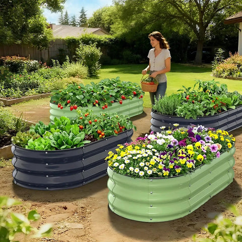 Woman near multiple raised beds with flowers and vegetables in a garden, showcasing colorful planters filled with diverse plants.
