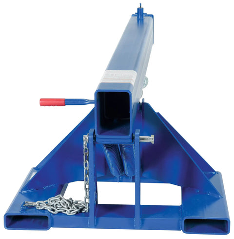 Heavy Duty Steel Orbit Telescoping Forklift Boom with blue finish and chain link, for overhead crane conversion, 8000 lb capacity.