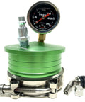 Aluminum boost leak tester with 3-inch end cap; green anodized body, pressure gauge, fittings.