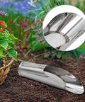 Three Size Bonsai Soil Scoops Set For Transplanting And Potting Plants Workhorse Metal Spade Shovels Perfect For Succulents Cacti Flowers Weeding And Edging Home Gardening Tool Kit In Silver next to garden soil with plants