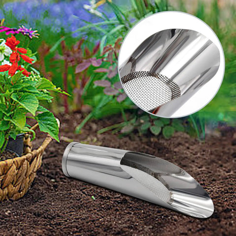 Three Size Bonsai Soil Scoops Set For Transplanting And Potting Plants Workhorse Metal Spade Shovels Perfect For Succulents Cacti Flowers Weeding And Edging Home Gardening Tool Kit In Silver next to garden soil with plants