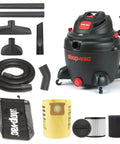 Heavy-Duty 12 Gallon Wet Dry Vacuum With 5.5 Peak HP SVX2 Motor, accessories, and 2.5-inch hose for garage and workshop cleanup.