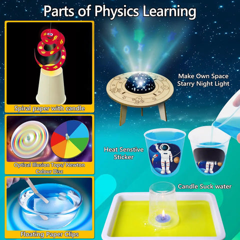 Physics learning experiments with spiral paper, optical disc, starry night light, and candle water trick from 300 Plus Experiments Science Kit For Kids Epic STEM Toys With Lab Manual Volcano Crystal Growing Chemistry Set Endless Learning Fun For Boys And Girls Christmas Birthday Gifts.