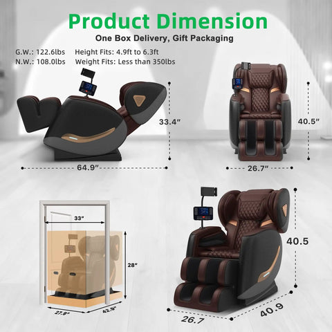 Zero Gravity Full Body Massage Chair With Upgraded 10 Roller Shiatsu System dimensions and packaging display