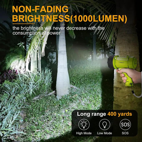 Person using Rechargeable Spotlight Flashlight With Ultra Bright LED Beam Up To 2000000 Lumens IP67 Waterproof Long Run Time outdoors