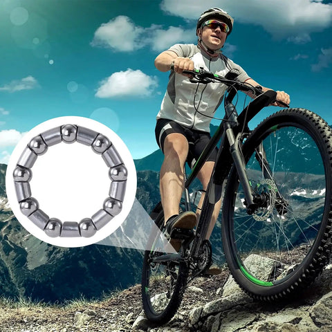 Cyclist with inset of 4 Pack One Quarter Inch Ball Bearings For Bike Crank Stainless Steel Bottom Bracket Retainer Replacement