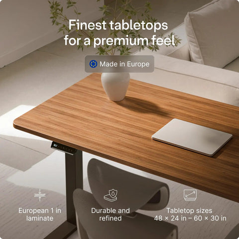 Desktronic HomeOne 60x30 Electric Standing Desk Sit Stand Home Office with walnut laminate surface, touchscreen and memory presets.