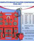 Pro-Grade Heavy Duty Disc Brake Piston Caliper Wind Back Tool Set Universal 28-Piece with adapters, hooks, and gloves in red case.