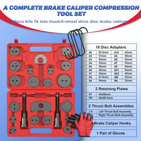 Pro-Grade Heavy Duty Disc Brake Piston Caliper Wind Back Tool Set Universal 28-Piece with adapters, hooks, and gloves in red case.