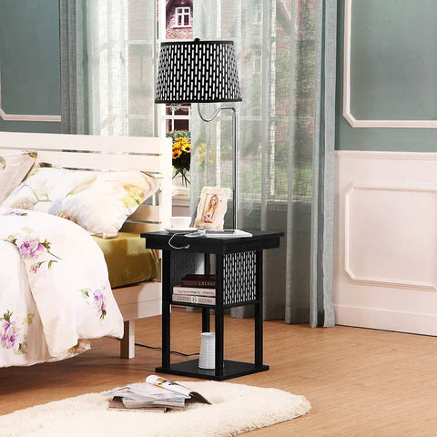 Madison Compact Side Table With Integrated Floor Lamp USB Port And LED Bulb, Bedside Reading Light, Modern End Table For Bedroom Living Room Office, Space Saving Nightstand In Black