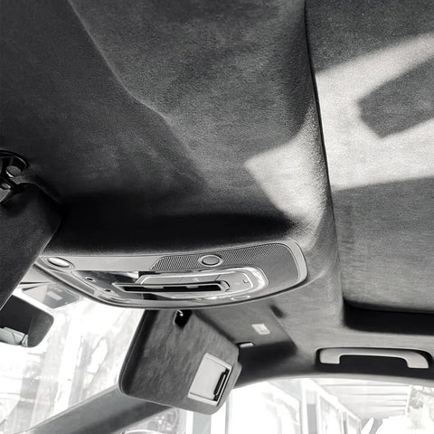 ZCHLPTZUP suede auto headliner fabric, black, installed on car roof with overhead console