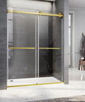 Front view of Frameless Sliding Shower Door in Brushed Gold Finish, 60 Inch Wide by 76 Inch High, with 8mm Clear Tempered Safety Glass and Stainless Steel Hardware