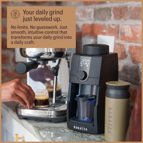 Pro Tier Stepless Grind Adjustment Coffee Grinder Featuring Precision Steel Burrs And Quick Release Design For Smooth Shot Pulling Or Effortless Daily Brewing In Slick Black Finish on a kitchen counter.