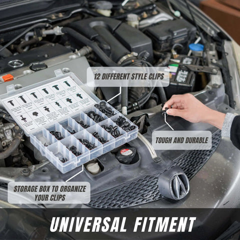 240 Piece Car Bumper Clips Kit With Plastic Rivets And Push Retainers, Auto Push Pin Fasteners Set, 12 Most Common Sizes From 6.3mm To 10mm For OEM Replacement, Bumper And Interior Panel Clips For GM Ford Toyota Honda Chrysler shown in use on a car engine.
