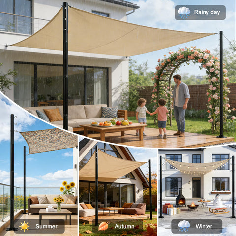 Image showing 2 Pack 12 Ft Adjustable Shade Sail Poles Kit For Outdoors, Heavy Duty Rust Resistant Metal Posts set up in different seasons.