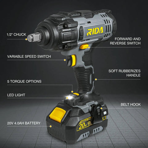 Cordless Impact Wrench One Half Inch With Five Beefy Torque Settings Up To 400 Nm And 300 Ft-Lbs Max shown with features labeled