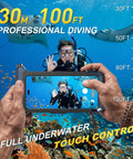 Dive Ready Waterproof Phone Case For Snorkeling And Deep Sea Fun, 30M Full Depth Touchscreen Shield in ocean with diver and marine life