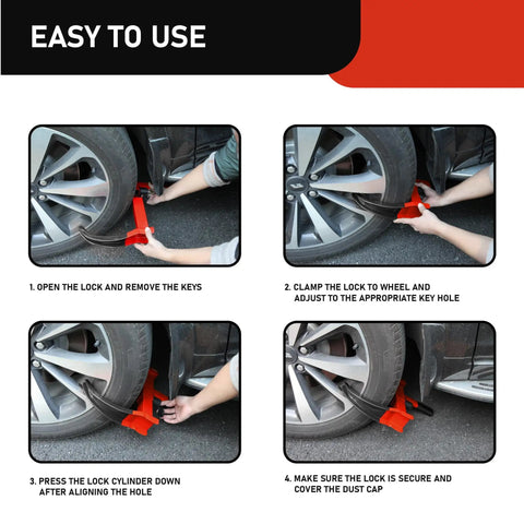 Installation process of Two Pack Heavy Duty Wheel Clamp Lock For Trailers SUVs Boats ATVs Motorcycles And Golf Carts Universal Security Tire Lock With Six Alike Keys Adjustable Anti Theft Design Red And Black Lock Up Your Wheels.