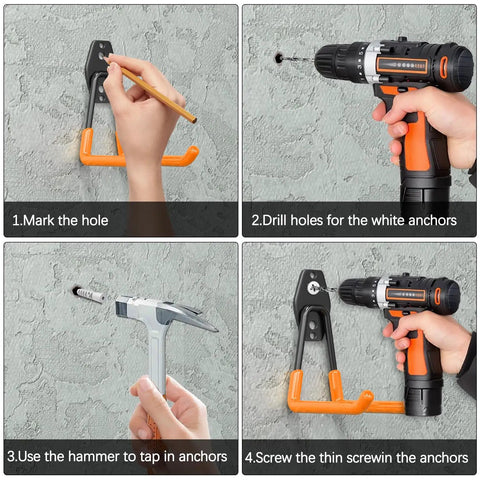 Installation steps for Heavy Duty Garage Wall Hooks 31 Pack Anti Slip PVC Coated Steel Wall Mount Organizer, drilling and mounting.